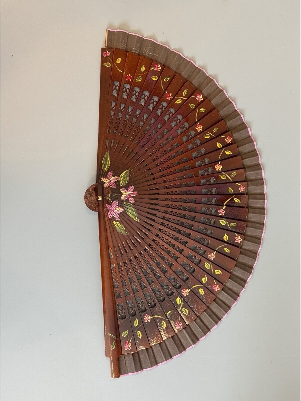 Vintage Hand Painted Spanish Fan with Lacquered Wood Frame And Silk Trim 17”